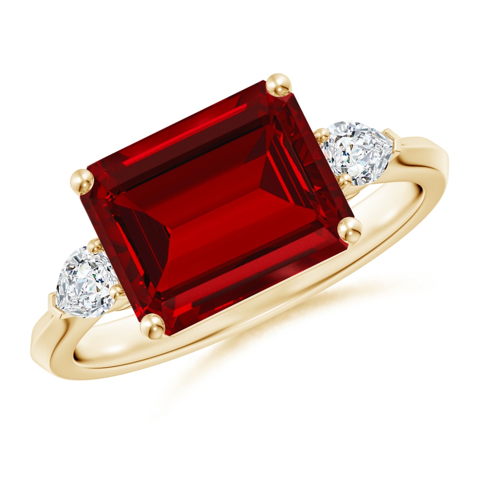10x8mm Labgrown Lab-Grown Classic East-West Emerald-Cut Ruby Side Stone Engagement Ring in 18K Yellow Gold 