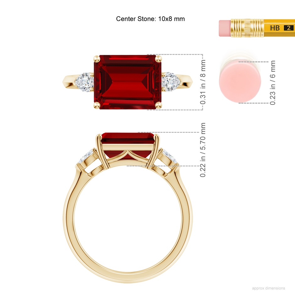 10x8mm Labgrown Lab-Grown Classic East-West Emerald-Cut Ruby Side Stone Engagement Ring in 18K Yellow Gold ruler