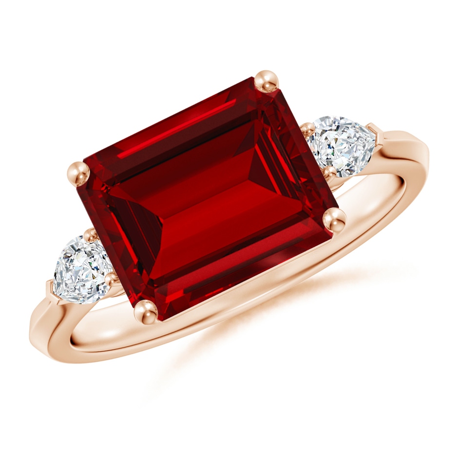10x8mm Labgrown Lab-Grown Classic East-West Emerald-Cut Ruby Side Stone Engagement Ring in Rose Gold 
