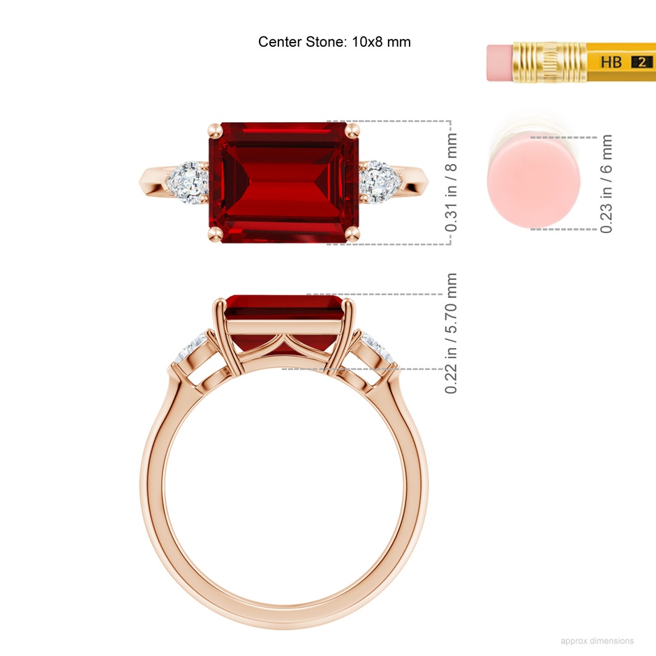 10x8mm Labgrown Lab-Grown Classic East-West Emerald-Cut Ruby Side Stone Engagement Ring in Rose Gold ruler