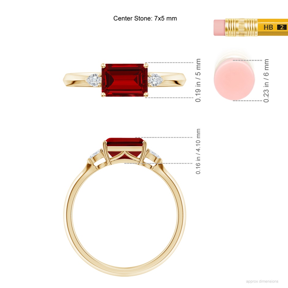 7x5mm Labgrown Lab-Grown Classic East-West Emerald-Cut Ruby Side Stone Engagement Ring in Yellow Gold ruler