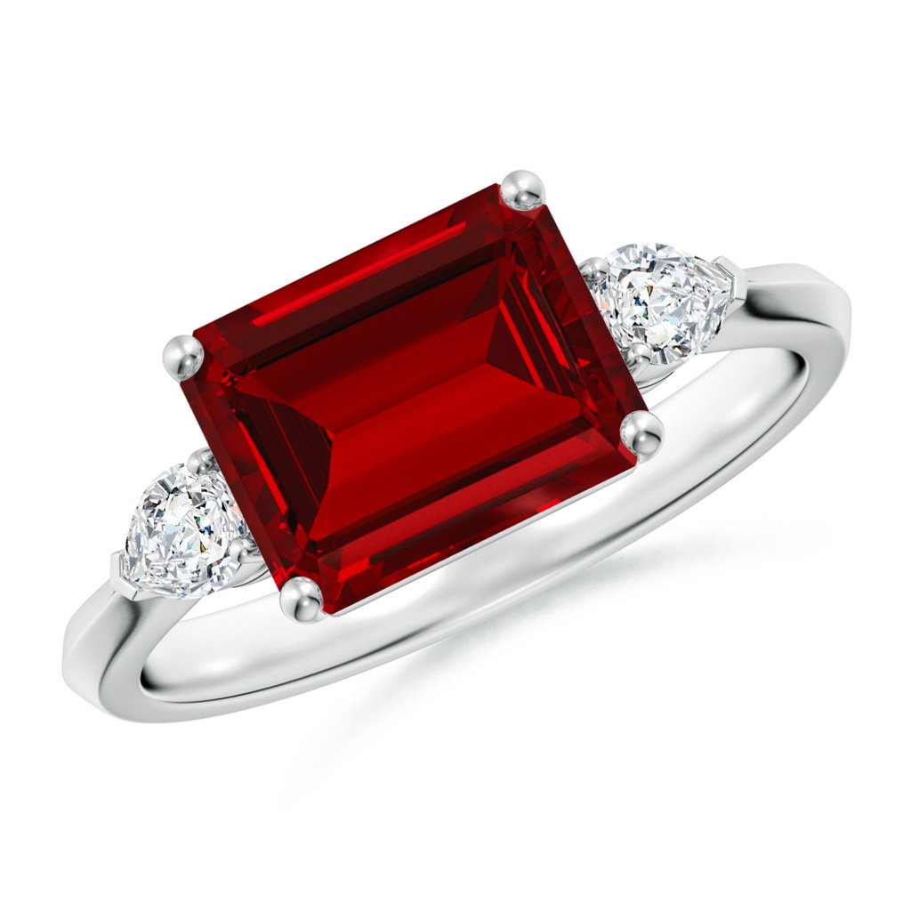 9x7mm Labgrown Lab-Grown Classic East-West Emerald-Cut Ruby Side Stone Engagement Ring in White Gold