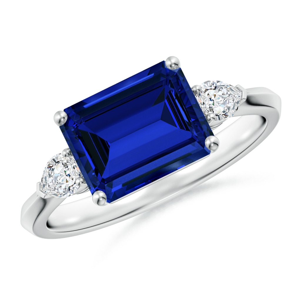 9x7mm Labgrown Lab-Grown Classic East-West Emerald-Cut Blue Sapphire Side Stone Engagement Ring in White Gold