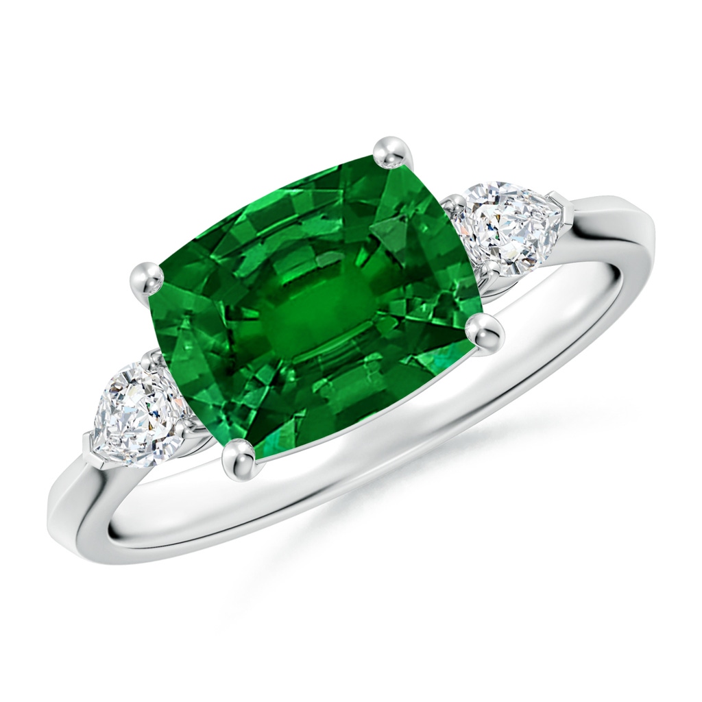 9x7mm Labgrown Lab-Grown Classic East-West Cushion Rectangular Emerald Side Stone Engagement Ring in White Gold