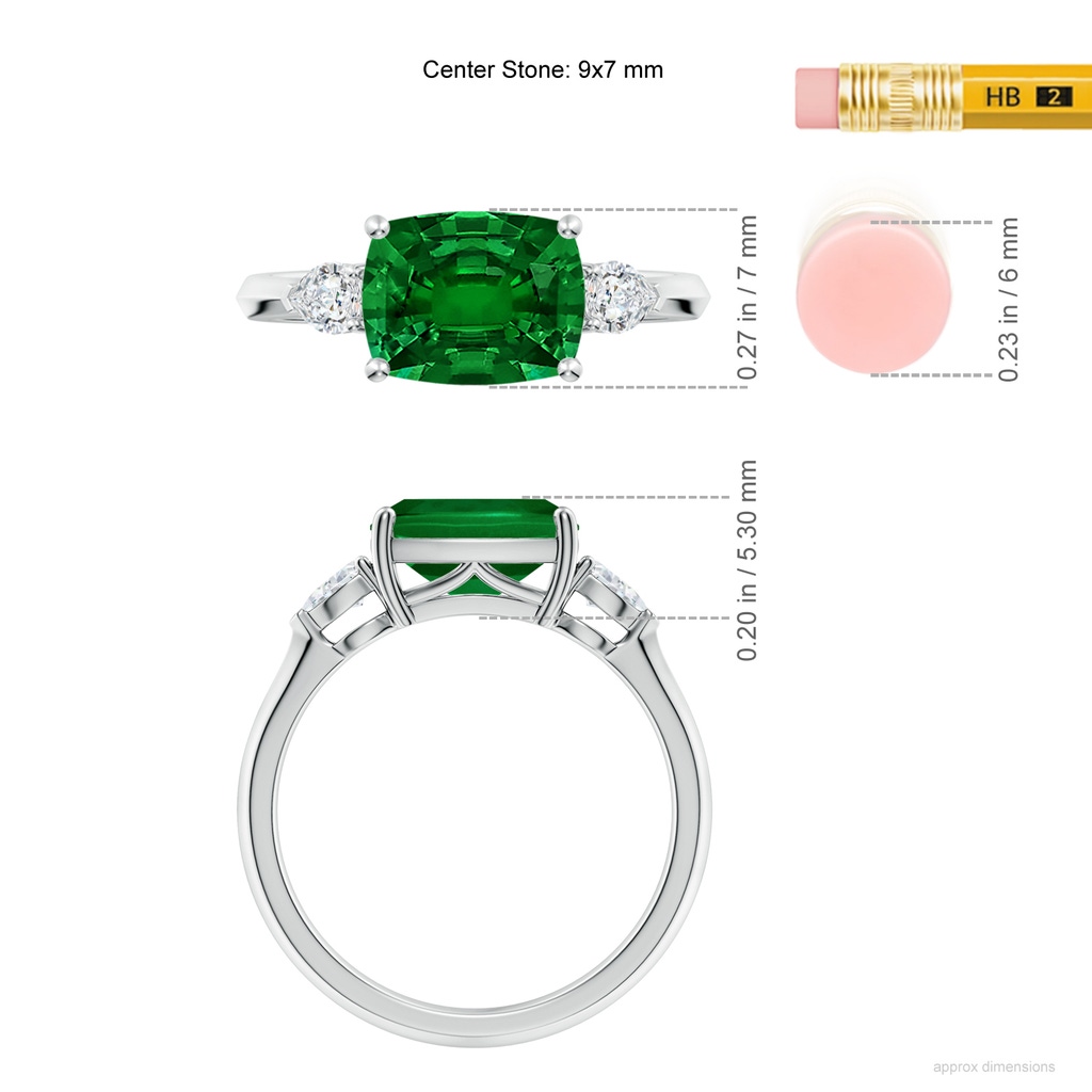 9x7mm Labgrown Lab-Grown Classic East-West Cushion Rectangular Emerald Side Stone Engagement Ring in White Gold ruler