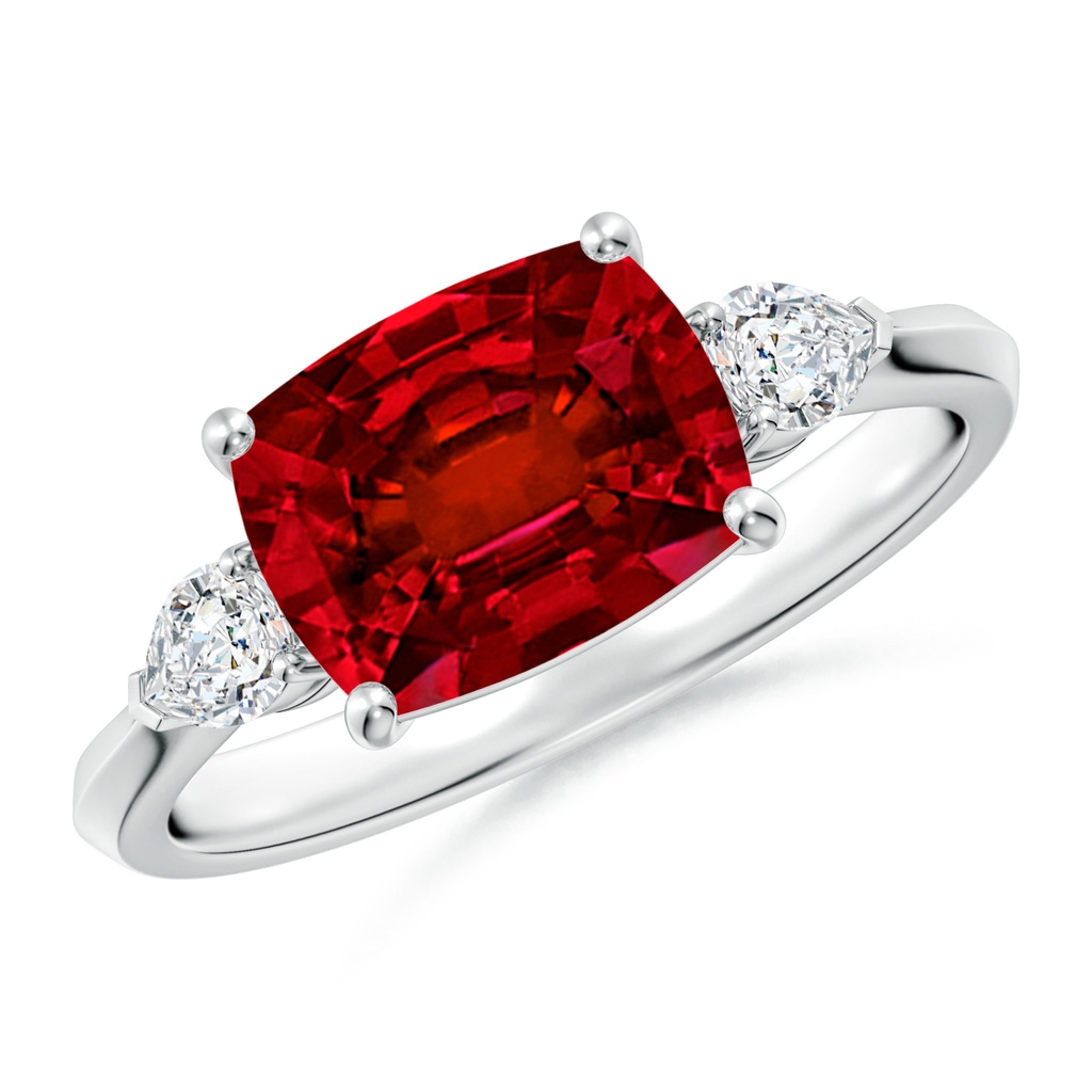 9x7mm Labgrown Lab-Grown Classic East-West Cushion Rectangular Ruby Side Stone Engagement Ring in White Gold
