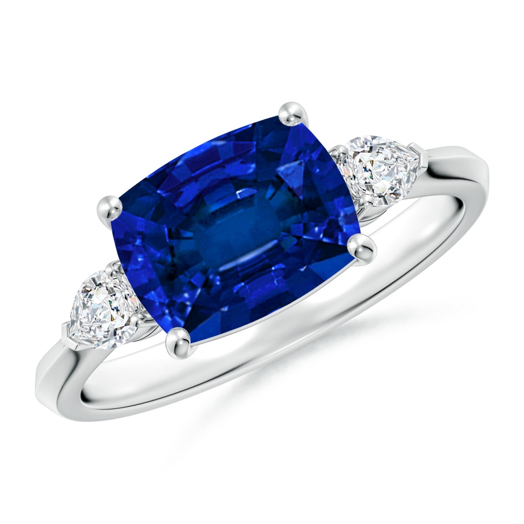 9x7mm Labgrown Lab-Grown Classic East-West Cushion Rectangular Blue Sapphire Side Stone Engagement Ring in White Gold