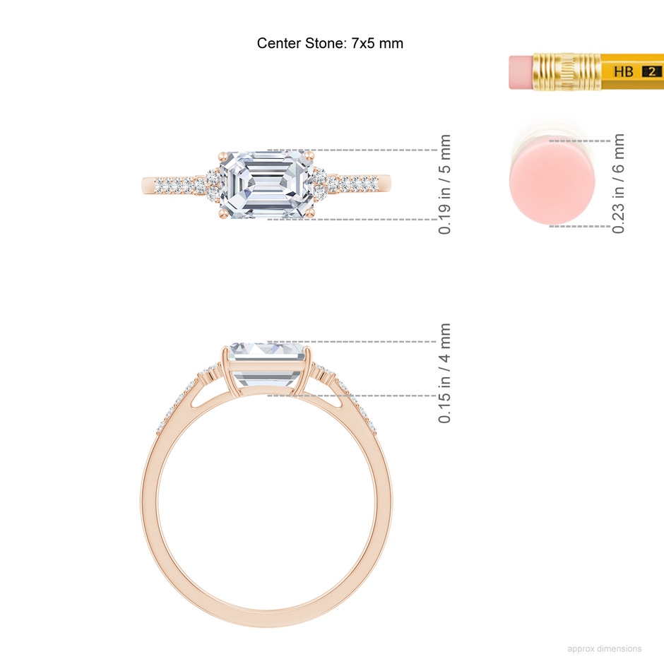 7x5mm FGVS Lab-Grown East-West Emerald-Cut Diamond Side Stone Engagement Ring in Rose Gold ruler