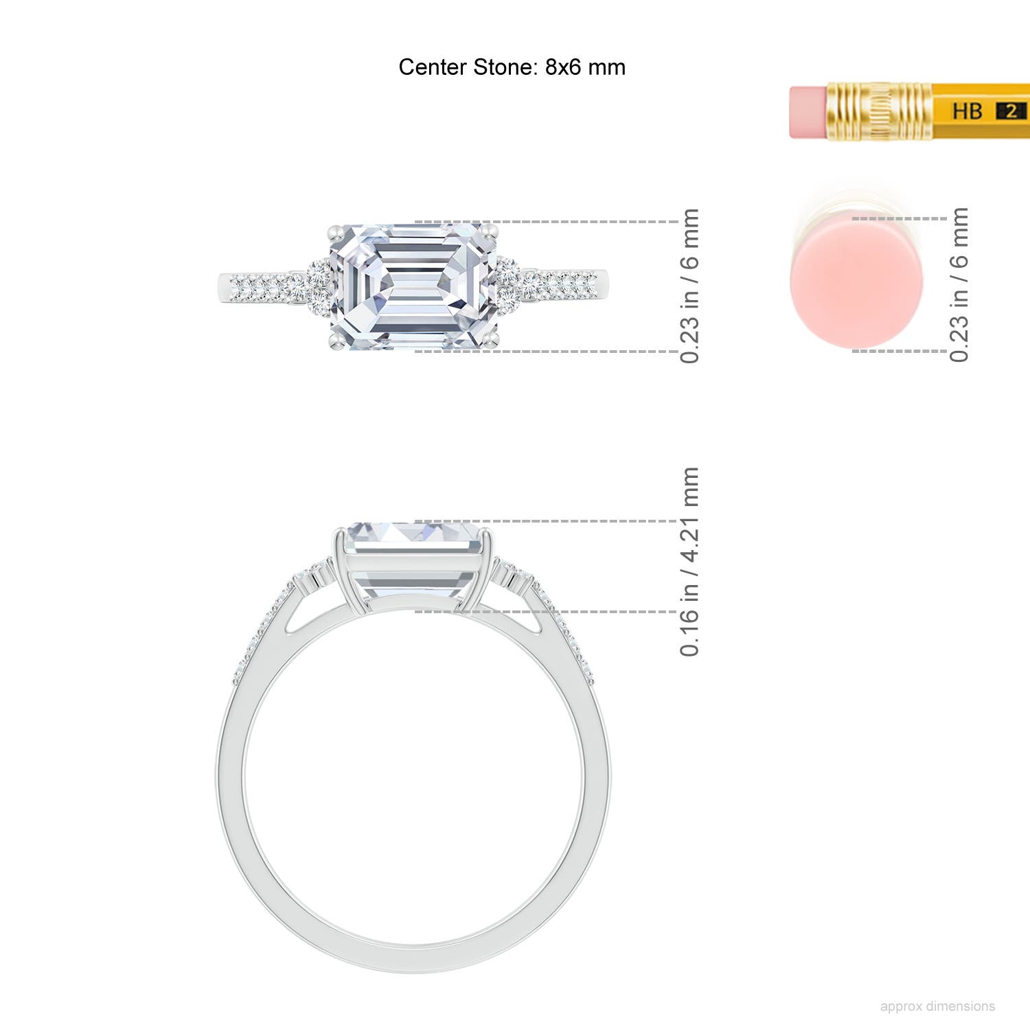 8x6mm FGVS Lab-Grown East-West Emerald-Cut Diamond Side Stone Engagement Ring in White Gold - ruler