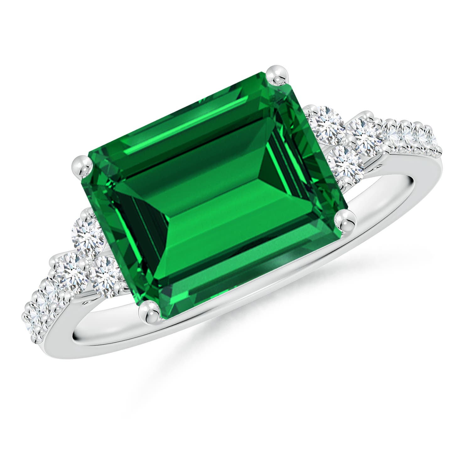 10x8mm Labgrown Lab-Grown East-West Emerald-Cut Emerald Side Stone Engagement Ring in P950 Platinum