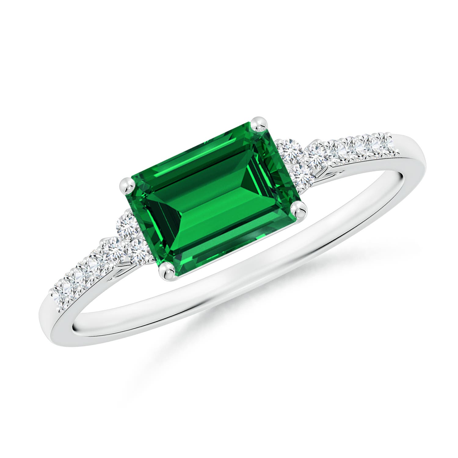 7x5mm Labgrown Lab-Grown East-West Emerald-Cut Emerald Side Stone Engagement Ring in 18CT White Gold