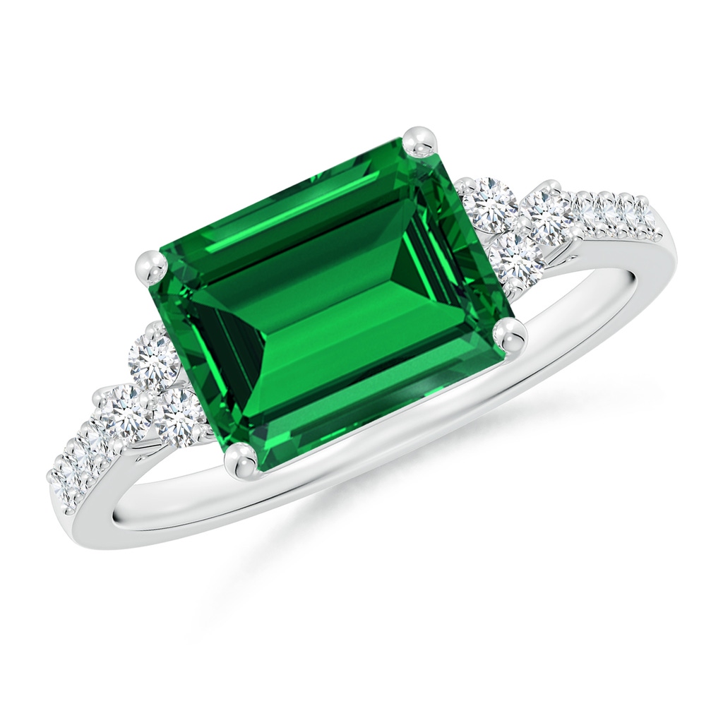 9x7mm Labgrown Lab-Grown East-West Emerald-Cut Emerald Side Stone Engagement Ring in 18K White Gold