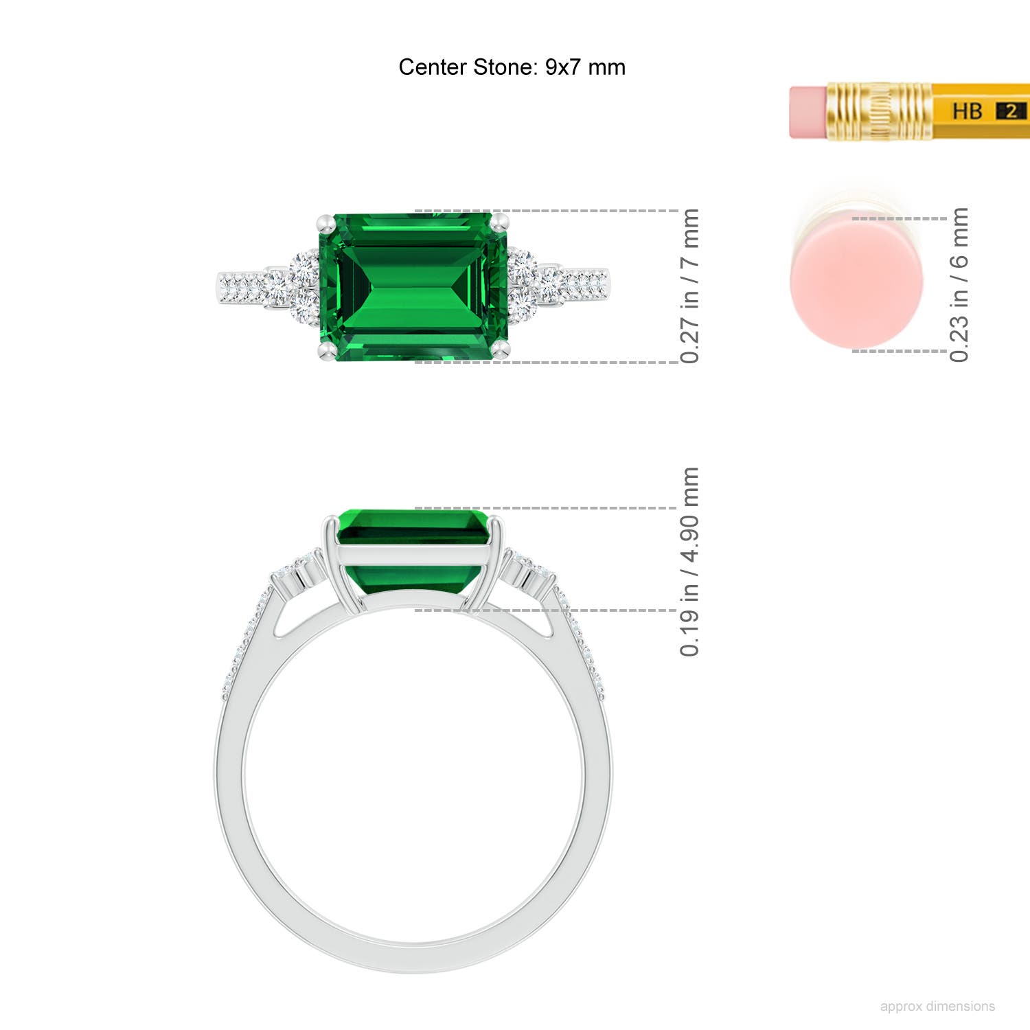 9x7mm Labgrown Lab-Grown East-West Emerald-Cut Emerald Side Stone Engagement Ring in 18CT White Gold - ruler