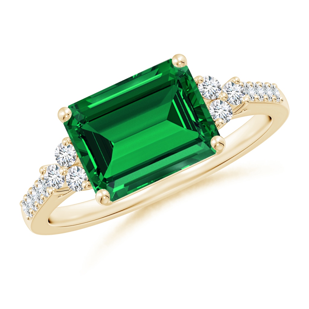 9x7mm Labgrown Lab-Grown East-West Emerald-Cut Emerald Side Stone Engagement Ring in 18K Yellow Gold