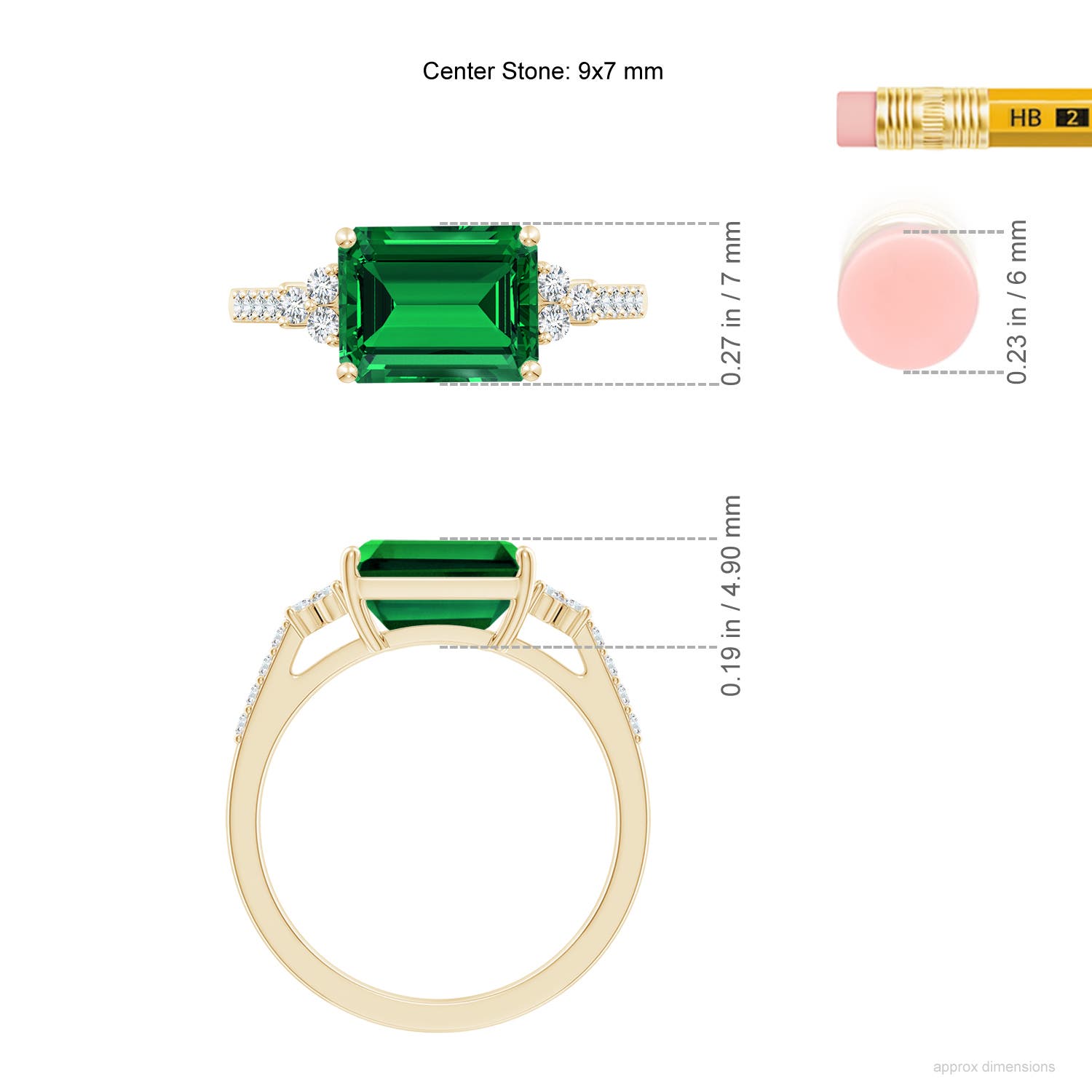 9x7mm Labgrown Lab-Grown East-West Emerald-Cut Emerald Side Stone Engagement Ring in 18K Yellow Gold - ruler