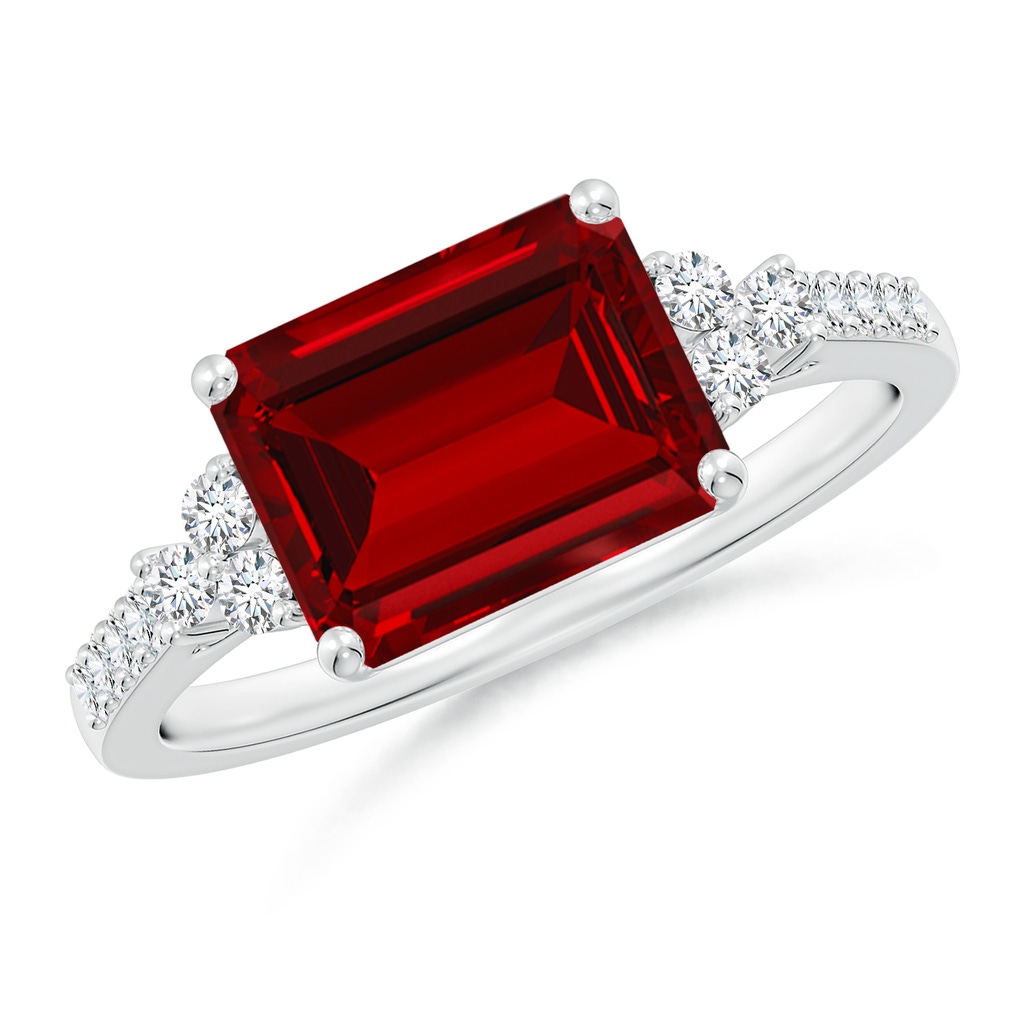 9x7mm Labgrown Lab-Grown East-West Emerald-Cut Ruby Side Stone Engagement Ring in White Gold