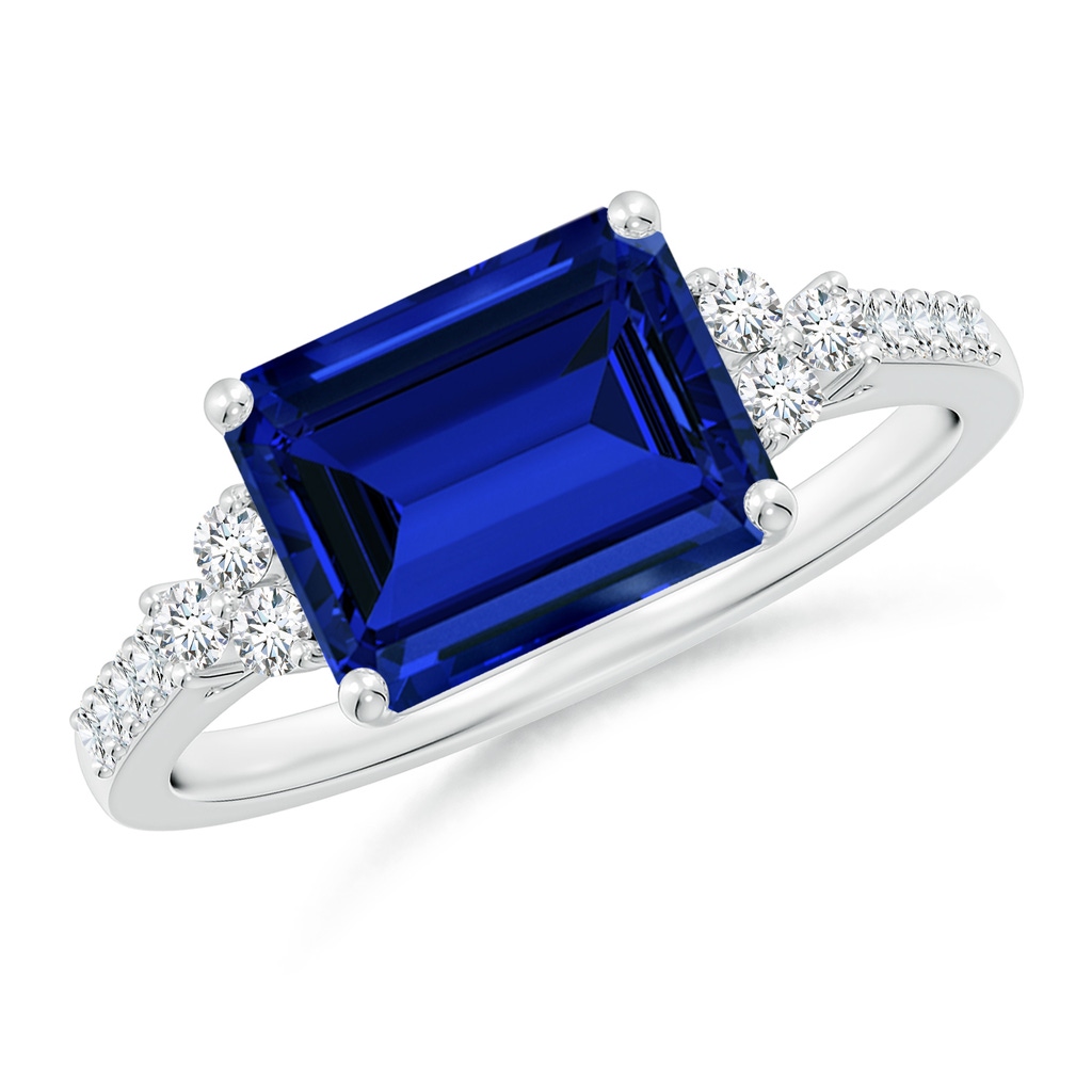 9x7mm Labgrown Lab-Grown East-West Emerald-Cut Blue Sapphire Side Stone Engagement Ring in White Gold