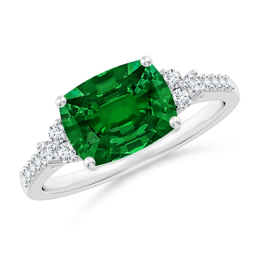 9x7mm Labgrown Lab-Grown East-West Cushion Rectangular Emerald Side Stone Engagement Ring in White Gold