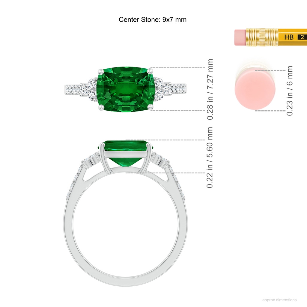 9x7mm Labgrown Lab-Grown East-West Cushion Rectangular Emerald Side Stone Engagement Ring in White Gold ruler