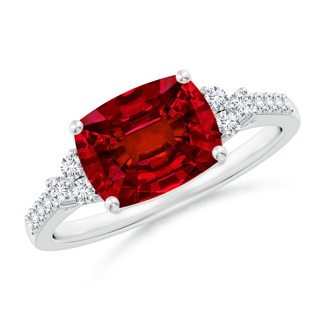 9x7mm Labgrown Lab-Grown East-West Cushion Rectangular Ruby Side Stone Engagement Ring in White Gold