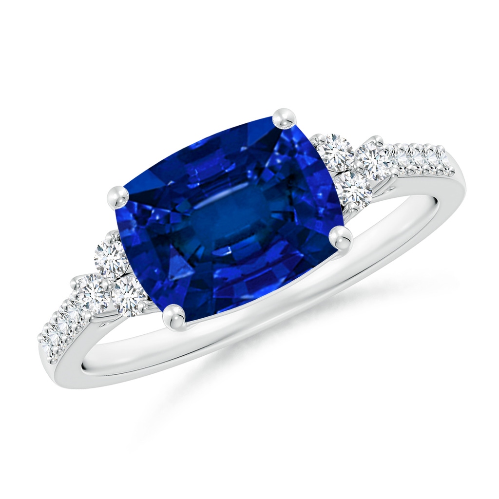 9x7mm Labgrown Lab-Grown East-West Cushion Rectangular Blue Sapphire Side Stone Engagement Ring in White Gold