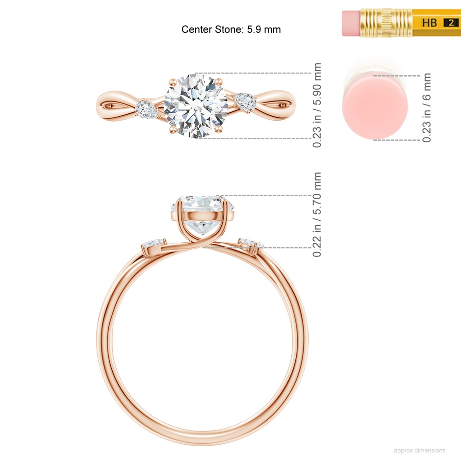 5.9mm FGVS Lab-Grown Nature Inspired Round Diamond Side Stone Engagement Ring in Rose Gold ruler