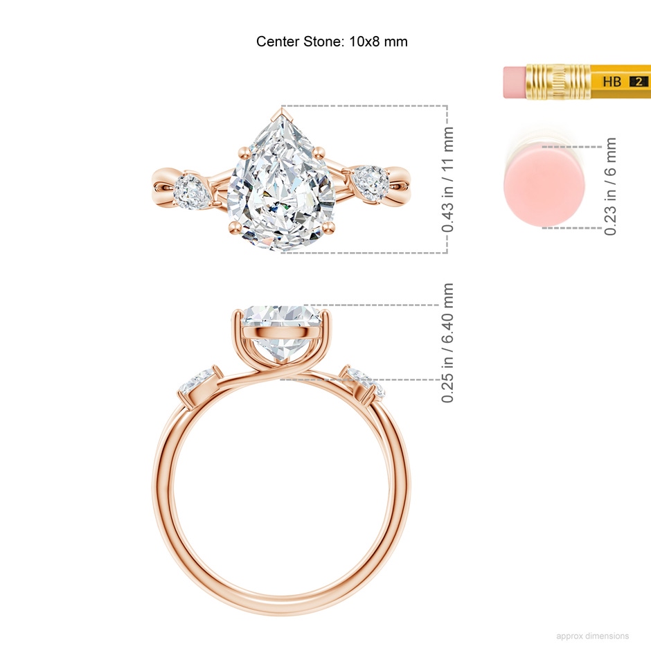 10x8mm FGVS Lab-Grown Nature Inspired Pear Diamond Side Stone Engagement Ring in Rose Gold ruler