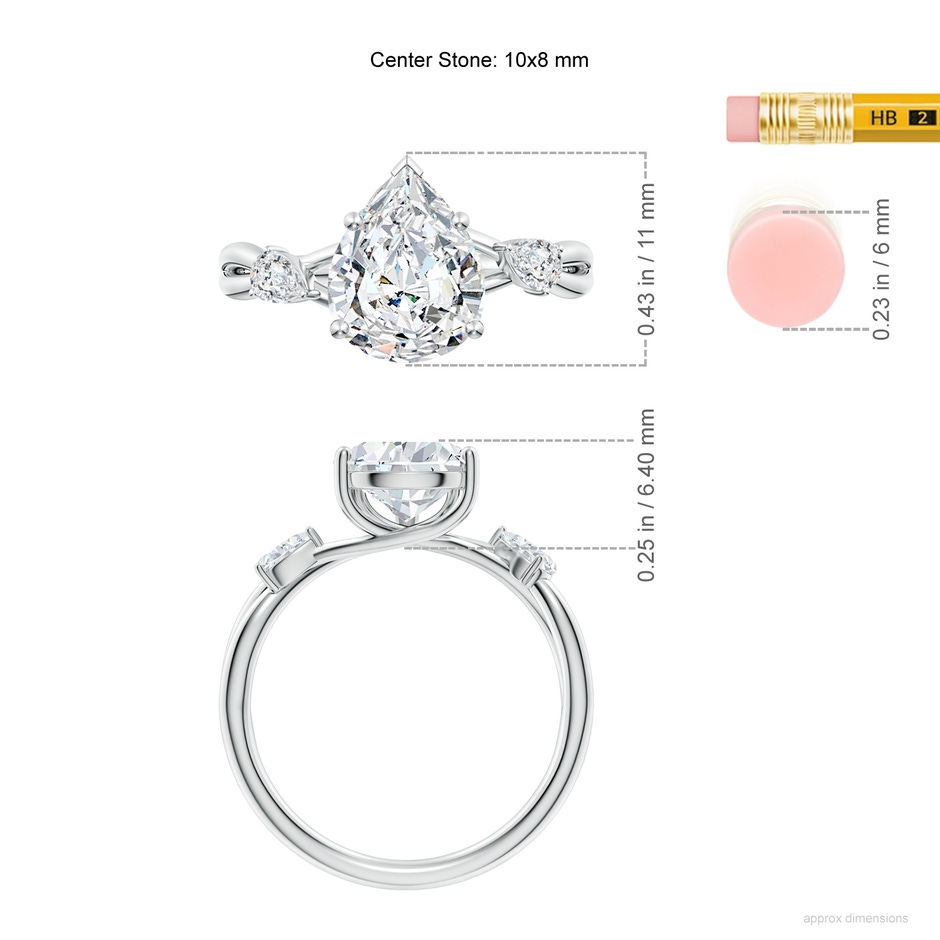 10x8mm FGVS Lab-Grown Nature Inspired Pear Diamond Side Stone Engagement Ring in White Gold ruler