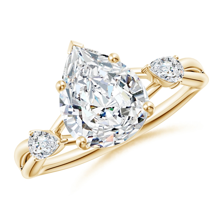 10x8mm FGVS Lab-Grown Nature Inspired Pear Diamond Side Stone Engagement Ring in Yellow Gold 