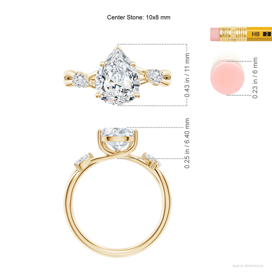 10x8mm FGVS Lab-Grown Nature Inspired Pear Diamond Side Stone Engagement Ring in Yellow Gold ruler
