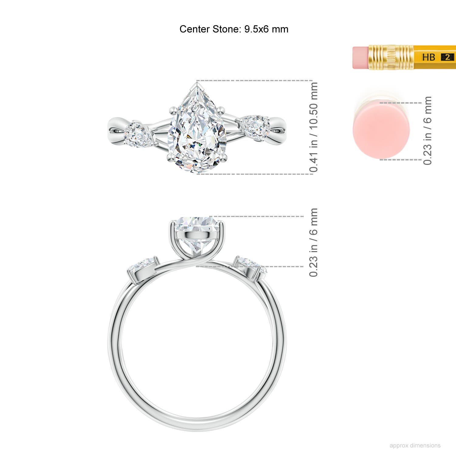 9.5x6mm FGVS Lab-Grown Nature Inspired Pear Diamond Side Stone Engagement Ring in White Gold - ruler