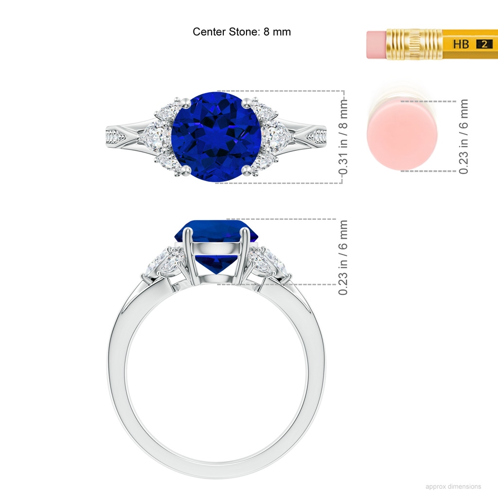 8mm Labgrown Lab-Grown Round Blue Sapphire Engagement Ring with Lab Pear Diamonds in White Gold ruler