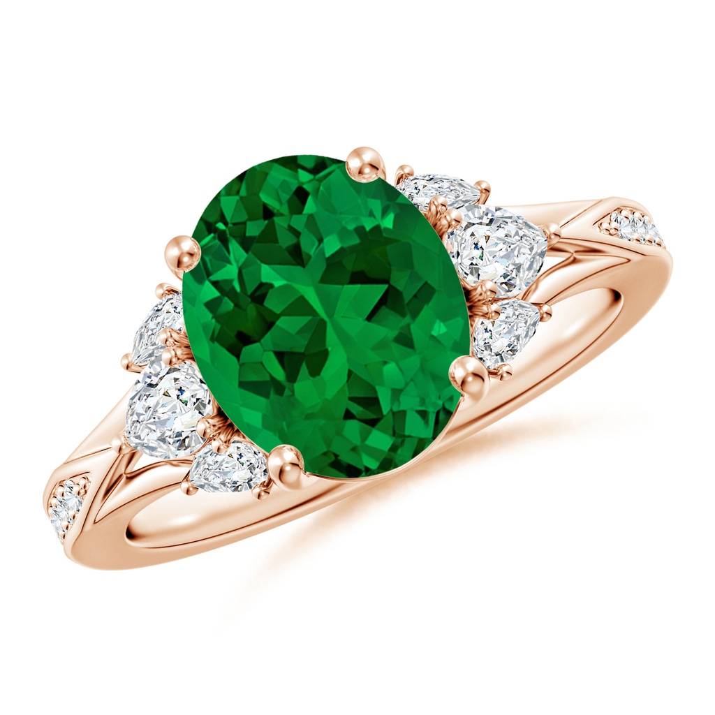 10x8mm Labgrown Lab-Grown Oval Emerald Engagement Ring with Lab Pear Diamonds in Rose Gold