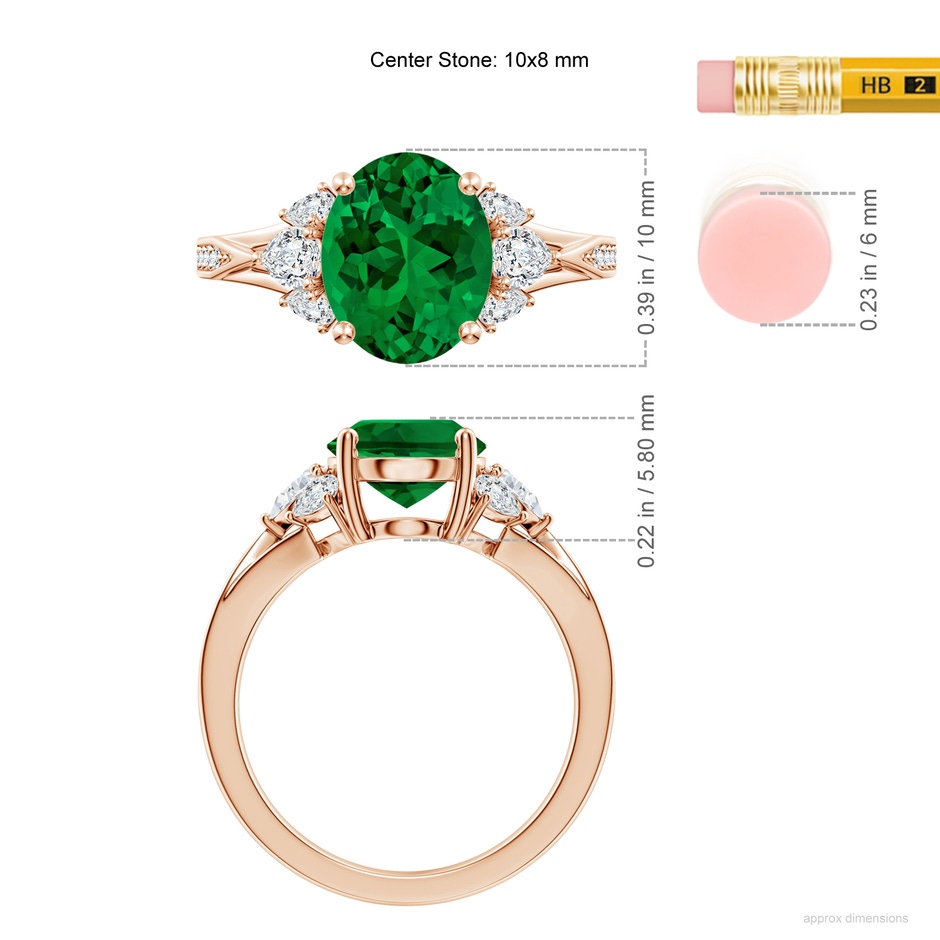 10x8mm Labgrown Lab-Grown Oval Emerald Engagement Ring with Lab Pear Diamonds in Rose Gold ruler
