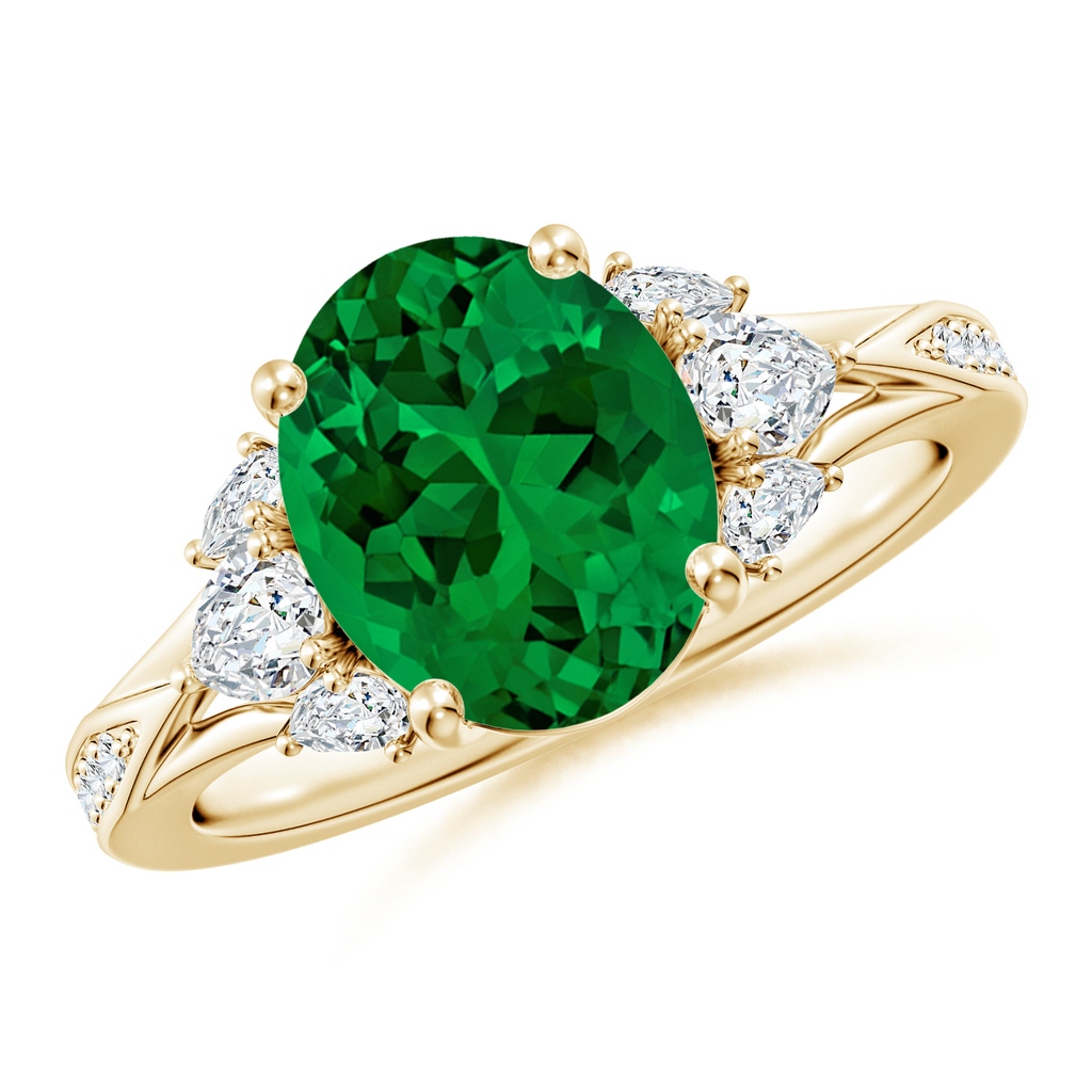 10x8mm Labgrown Lab-Grown Oval Emerald Engagement Ring with Lab Pear Diamonds in Yellow Gold