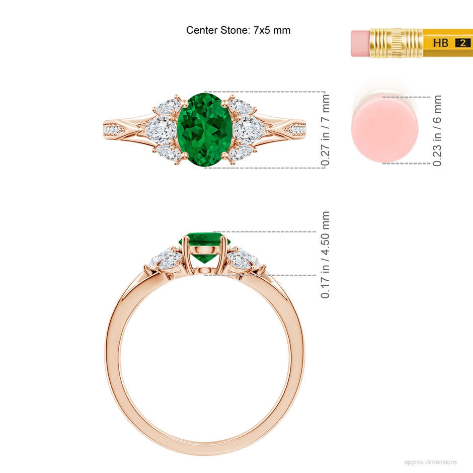 7x5mm Labgrown Lab-Grown Oval Emerald Engagement Ring with Lab Pear Diamonds in Rose Gold ruler