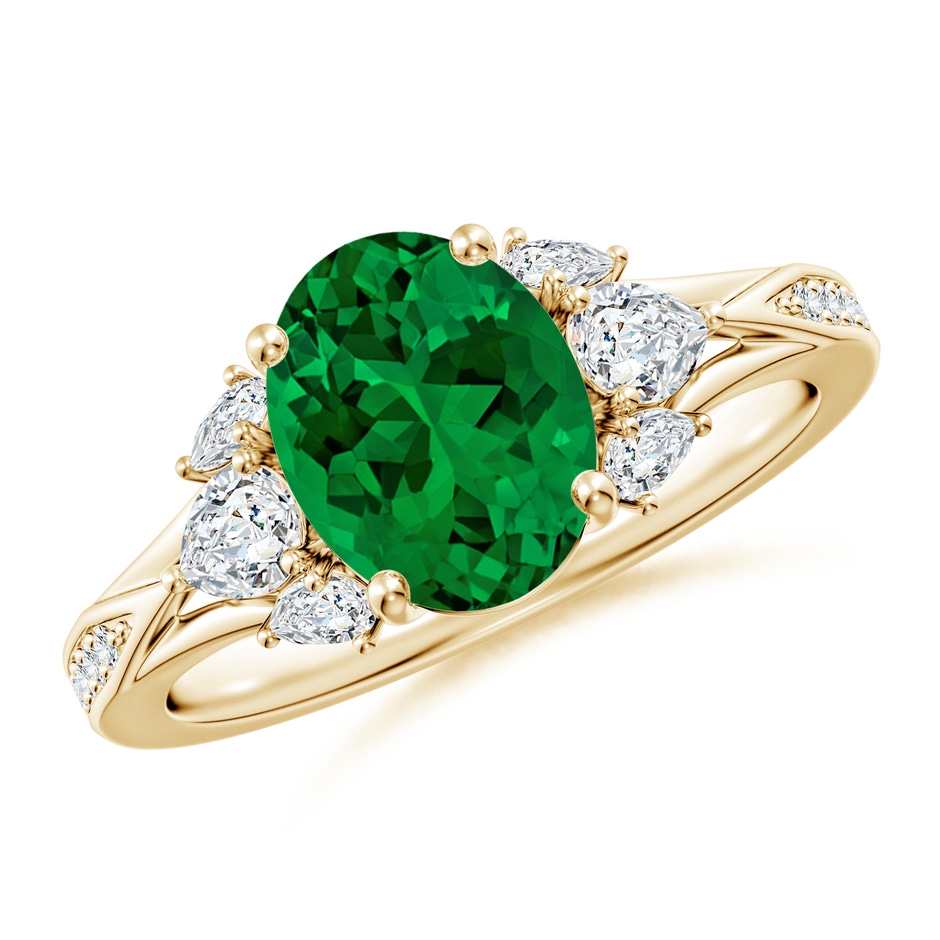 9x7mm Labgrown Lab-Grown Oval Emerald Engagement Ring with Lab Pear Diamonds in 9K Yellow Gold 