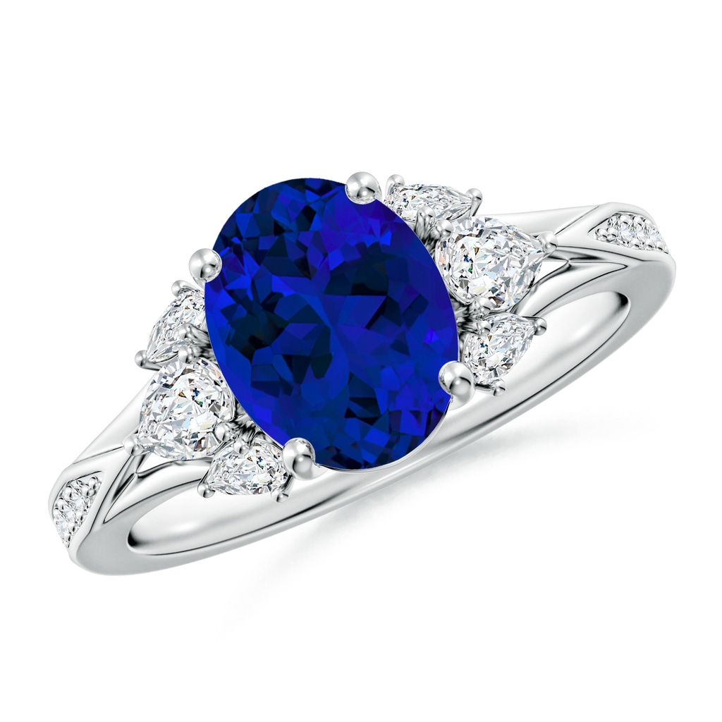 9x7mm Labgrown Lab-Grown Oval Blue Sapphire Engagement Ring with Lab Pear Diamonds in White Gold