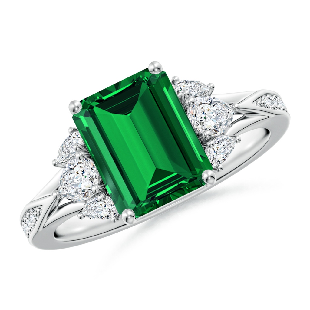 9x7mm Labgrown Lab-Grown Emerald-Cut Emerald Engagement Ring with Lab Pear Diamonds in White Gold