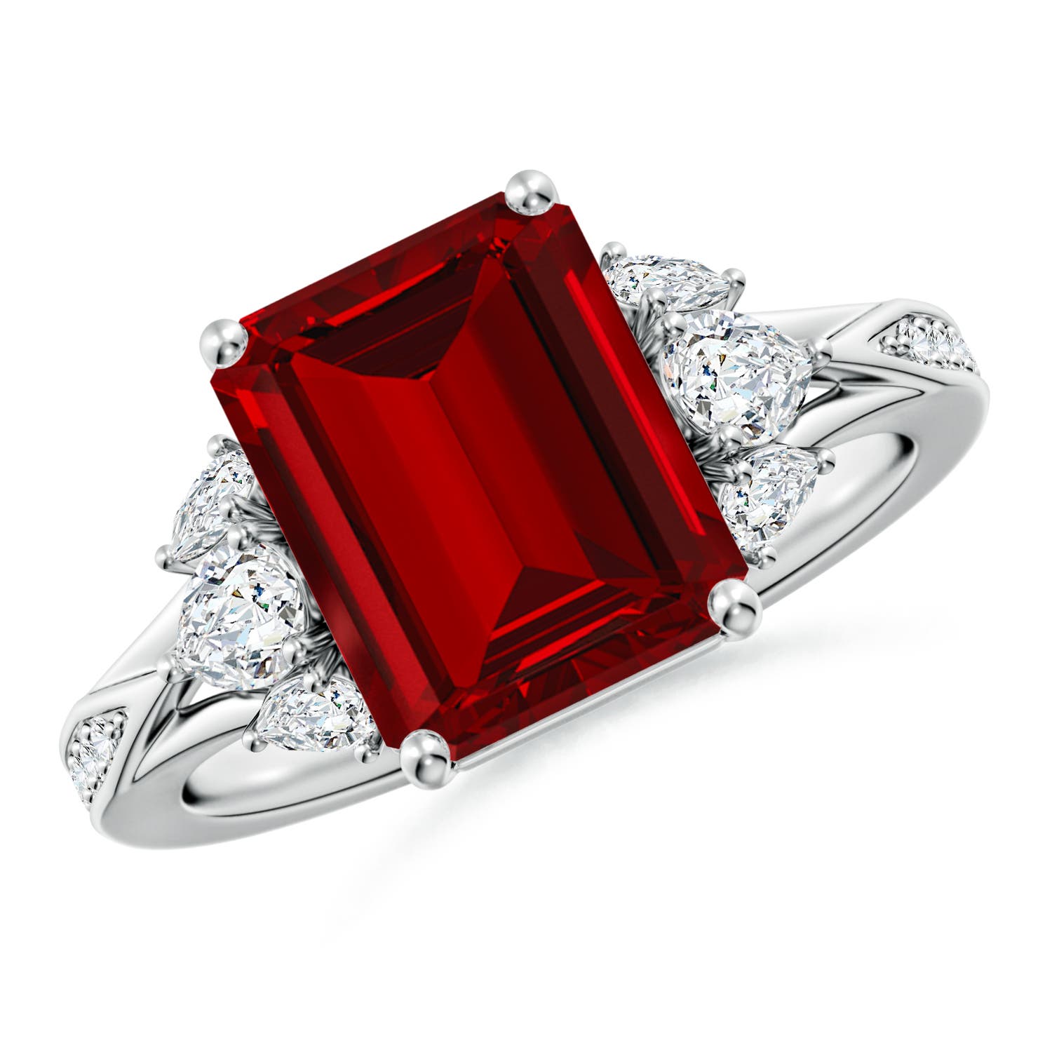 10x8mm Labgrown Lab-Grown Emerald-Cut Ruby Engagement Ring with Lab Pear Diamonds in 18K White Gold