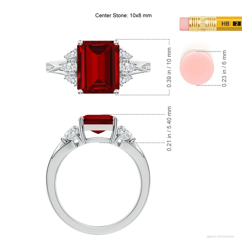 10x8mm Labgrown Lab-Grown Emerald-Cut Ruby Engagement Ring with Lab Pear Diamonds in 18K White Gold ruler