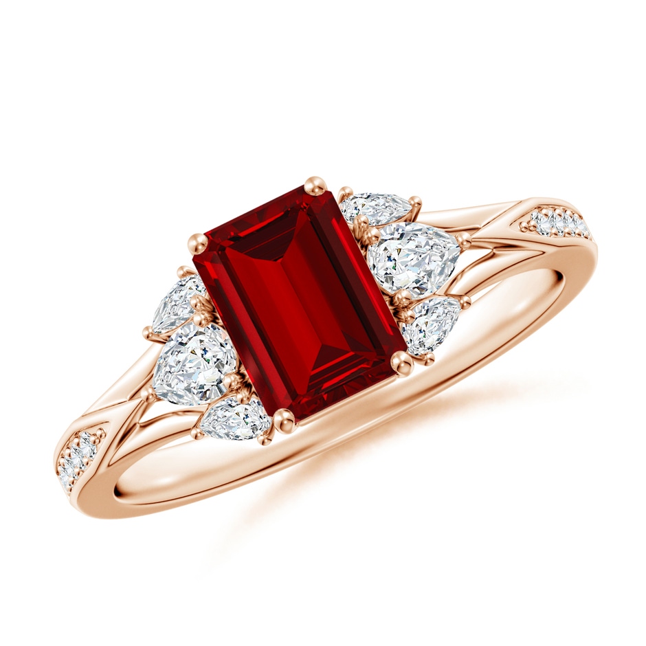 7x5mm Labgrown Lab-Grown Emerald-Cut Ruby Engagement Ring with Lab Pear Diamonds in Rose Gold 