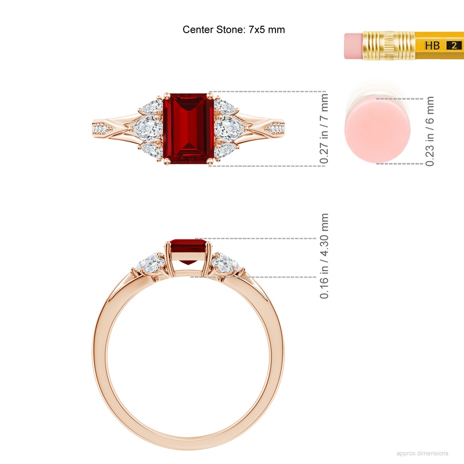 7x5mm Labgrown Lab-Grown Emerald-Cut Ruby Engagement Ring with Lab Pear Diamonds in Rose Gold ruler