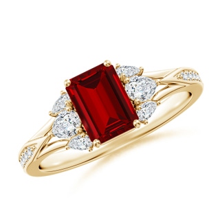 7x5mm Labgrown Lab-Grown Emerald-Cut Ruby Engagement Ring with Lab Pear Diamonds in Yellow Gold