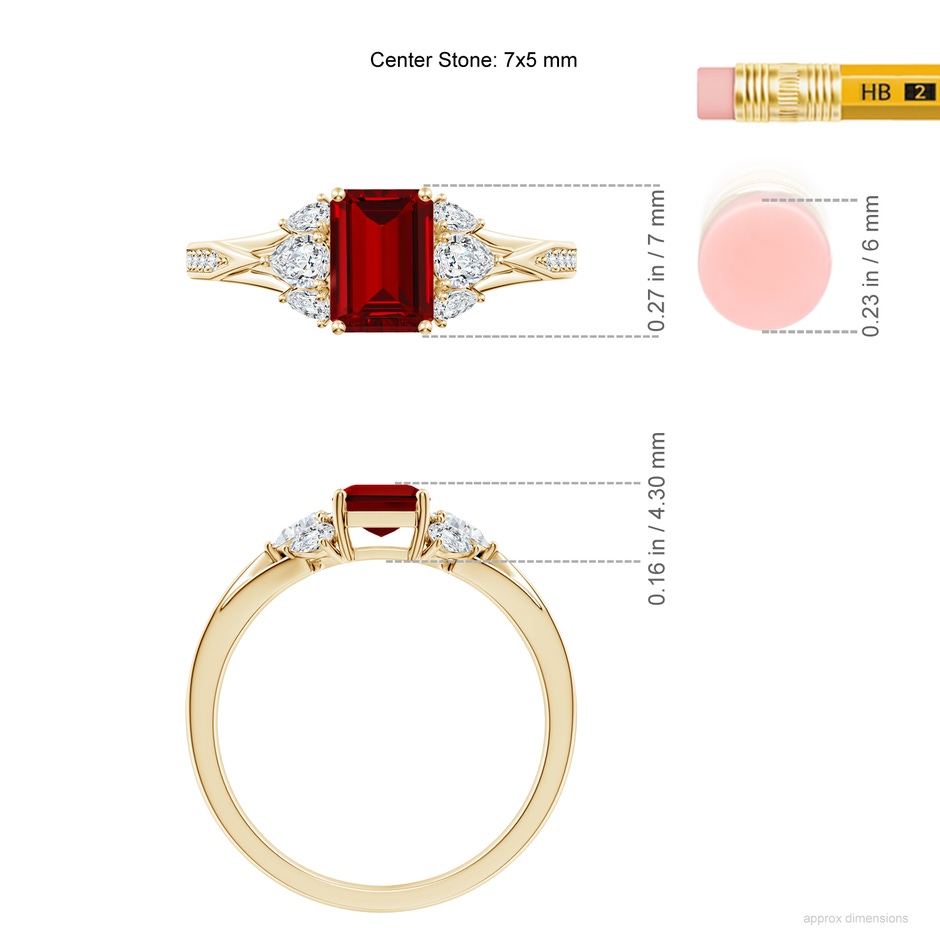 7x5mm Labgrown Lab-Grown Emerald-Cut Ruby Engagement Ring with Lab Pear Diamonds in Yellow Gold ruler