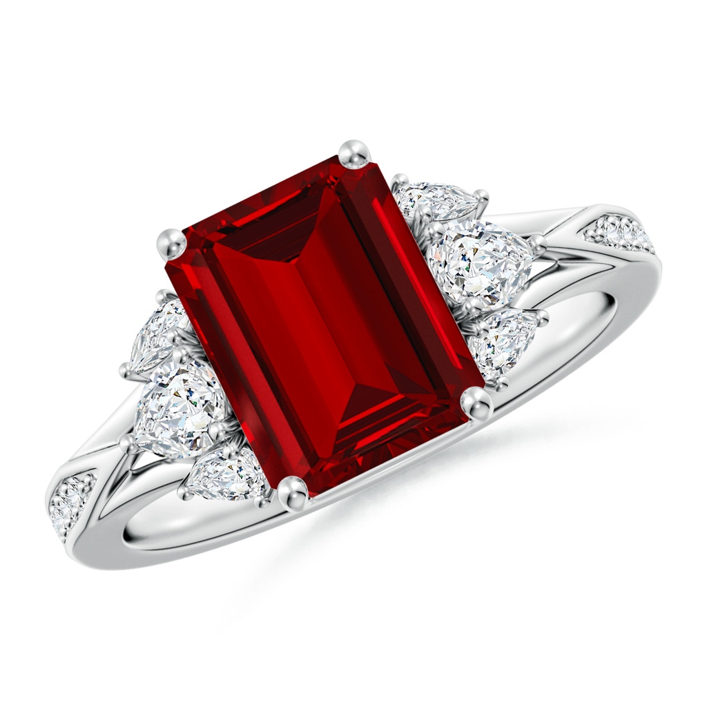 9x7mm Labgrown Lab-Grown Emerald-Cut Ruby Engagement Ring with Lab Pear Diamonds in White Gold