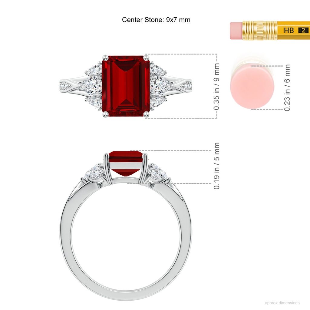 9x7mm Labgrown Lab-Grown Emerald-Cut Ruby Engagement Ring with Lab Pear Diamonds in White Gold ruler