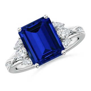 10x8mm Labgrown Lab-Grown Emerald-Cut Blue Sapphire Engagement Ring with Lab Pear Diamonds in White Gold