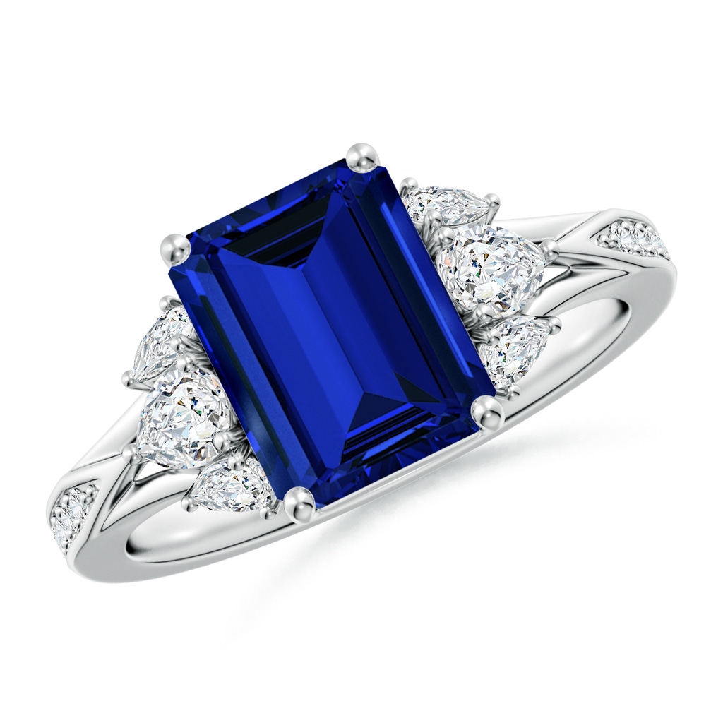 9x7mm Labgrown Lab-Grown Emerald-Cut Blue Sapphire Engagement Ring with Lab Pear Diamonds in White Gold