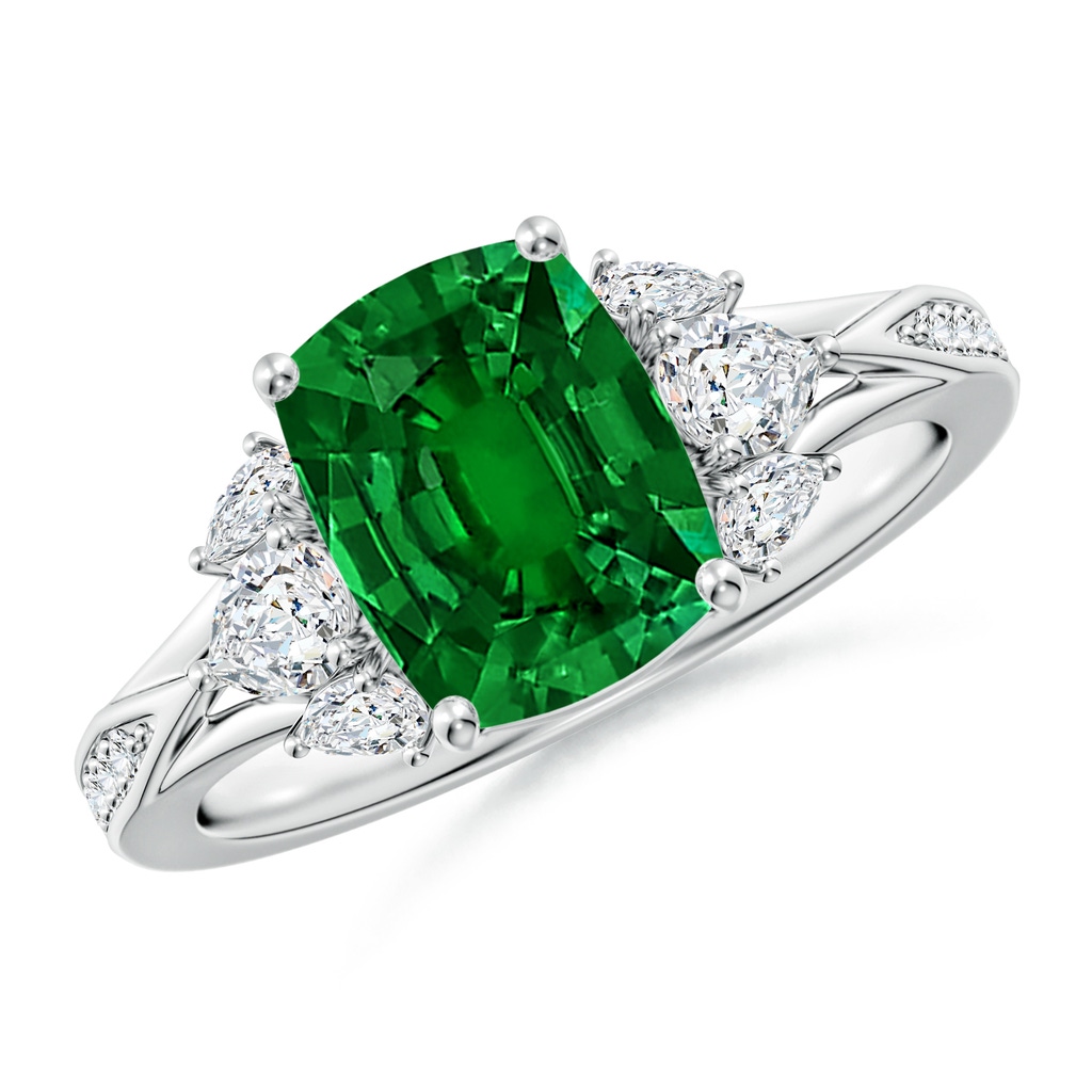 9x7mm Labgrown Lab-Grown Cushion Rectangular Emerald Engagement Ring with Lab Pear Diamonds in White Gold 